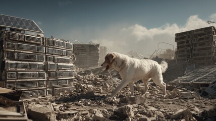 Cybernetic dog exploring debris of data center among solar panel remains in a post-apocalyptic landscape