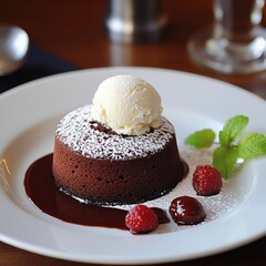 Indulgent Chocolate Lava Cake with Warm Melting Center, Served with Vanilla Ice Cream and Berries