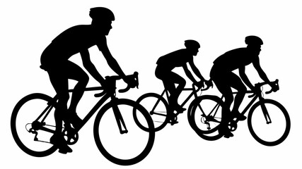 Obraz premium Silhouette of three cyclists riding bikes in a race or training session on a white background in monochrome style