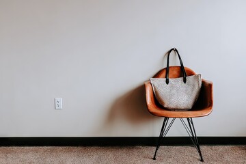 Light beige tote bag on modern chair against a wall