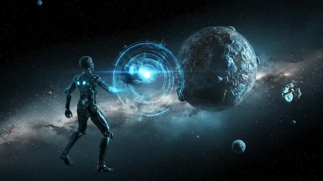 Futuristic robot interacting with a glowing energy sphere in outer space, surrounded by planets and asteroids
