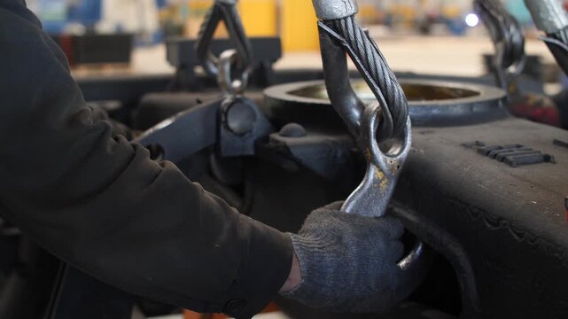 Skilled worker unpins lifting hook from heavy metal part in industrial factory.