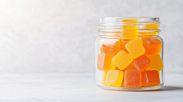 Glass jar filled with orange gummy supplements, rich in omega 3, offering gluten free option for health conscious individuals. vibrant gummies are neatly stacked, exuding cheerful and healthy vibe