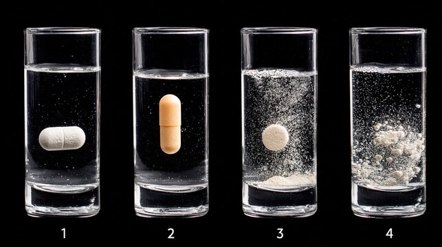 Four Glasses of Water Showing Dissolution States of Different Medicines, Reflecting Medicine, Dissolution and Comparison Theme