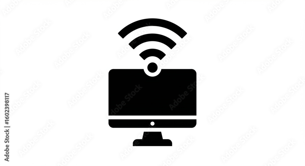 Fototapete A black and white icon showing a computer with a wireless signal above it.