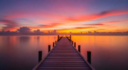 Fototapeta premium Tranquil Morning Overwater Wooden Jetty at Sunrise with Calm Sea Reflections