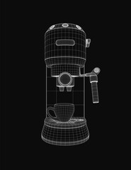 A sleek 3D model of a coffee maker with detailed wireframe structure, placed on a black background. A ceramic cup sits on top, enhancing the realistic rendering.