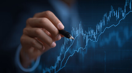 Hand holding pen pointing at blue financial graph business