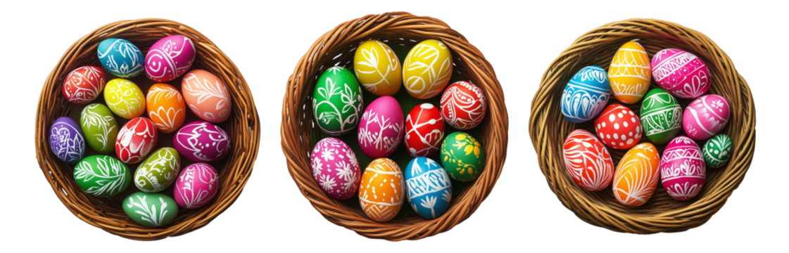 Top view wicker basket filled with colorful Easter eggs decorated with intricate white patterns, isolated on white transparent background. Festive holiday concept - Powered by Adobe