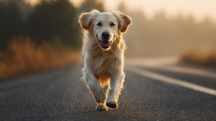 Golden Retriever runs on asphalt road at sunrise running