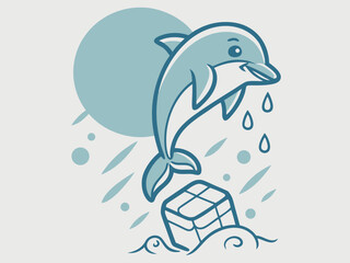 Naklejka premium Cute Dolphin Jumping Over a Gift Box in the Ocean