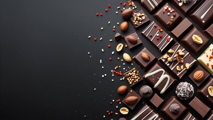 Assorted dark chocolates on black background with sprinkle and nuts

