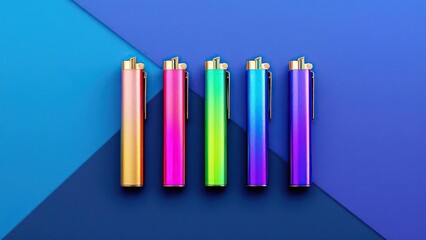 Obraz premium A row of colorful pens with gold accents on a blue geometric background in a studio shot