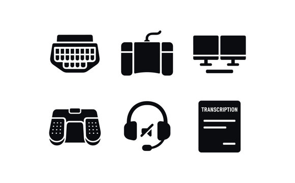 solid icon isolated stenotype machine keyboard playback pedal dual monitor setup transcription foot switch noise canceling headset transcription style guide