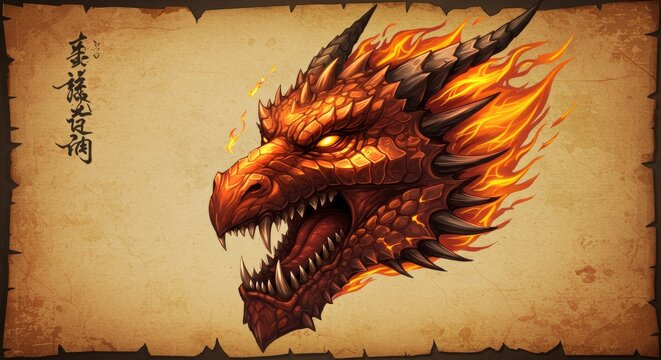 Fiery Dragon Head with Ancient Scroll Background displaying intricate design