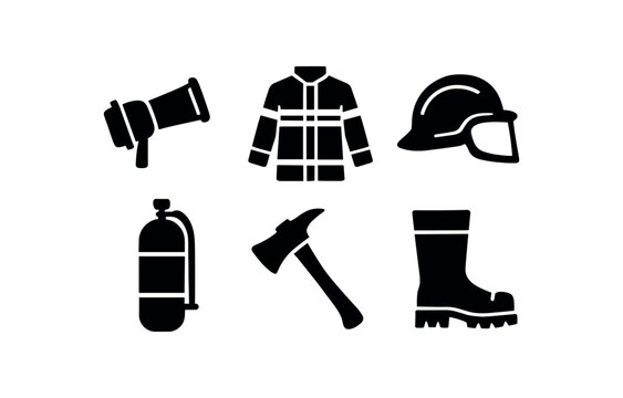 solid icon isolated firefighter hose nozzle firefighter turnout coat firefighter helmet visor firefighter oyn tank firefighter ae tool firefighter boot spike