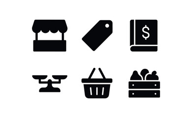 solid icon isolated market stall awning canopy market price tag label market ledr book journal market vendor scale market shopper basket tote market produce crate bo