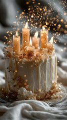 Elegant celebration cake with lit candles and sparkles
