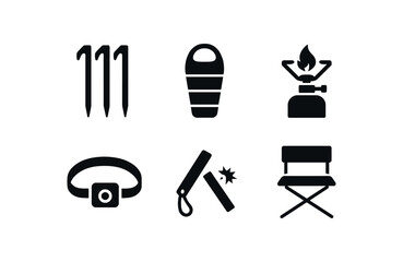 solid icon isolated camping tent stakes camping sleeping bag r camping portable stove camping headlamp camping starter camping folding chair