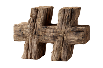  Vintage Wooden Hashtag Symbol with Worn Texture and Natural Grain, Front View Isolated on Transparent Background PNG 