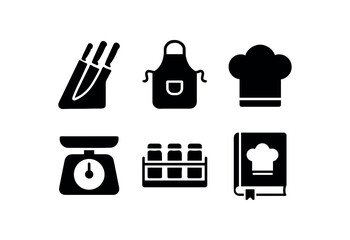 solid icon isolated chef knife chef apron chef toque hat chef kitchen scale chef spice rack chef recipe book