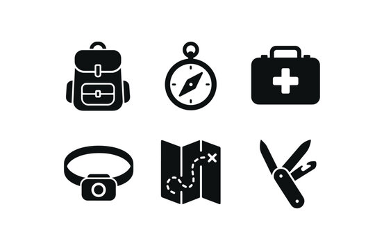 solid icon isolated adventure backpack adventure compass adventure survival kit adventure headlamp adventure trail map adventure multi tool
