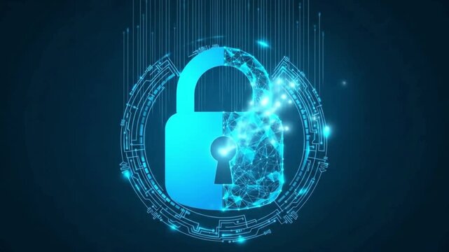 An abstract digital illustration of an unlocked padlock symbolizing cybersecurity