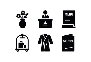 solid icon isolated hospitality flower arranment hospitality reception desk hospitality menu holder hospitality lugga cart hospitality robe hospitality welcome brochure