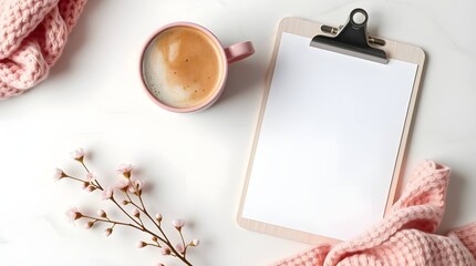 Blank clipboard with coffee mug on soft background

