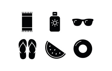 Fototapeta premium solid icon isolated summer beach towel summer sunscreen lotion summer sunglasses summer flip flops summer watermelon slice summer pool float