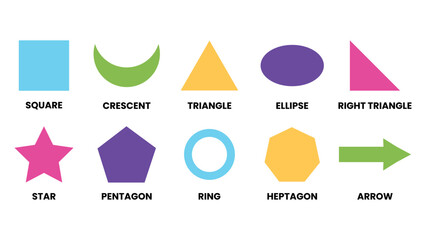 Geometric Shapes Illustration Square, Circle, Triangle, Star, Arrow, Ellipse, Pentagon & Heptagon for Educational, Math, and Design Concepts