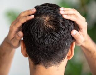 Fototapeta premium Man's Hair Loss: Close-up View of Thinning Crown, Concern, Health.