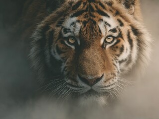 Naklejka premium Golden-Eyed Tiger Direct Gaze in Shadow Contrast - Anti-Extinction Crusade Beacon for Meta-Population Reconnection