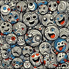 Fototapeta premium Abstract Emotions: A vibrant tapestry of whimsical characters expressing a kaleidoscope of feelings, showcasing the beautiful diversity of human emotion through playful illustration.