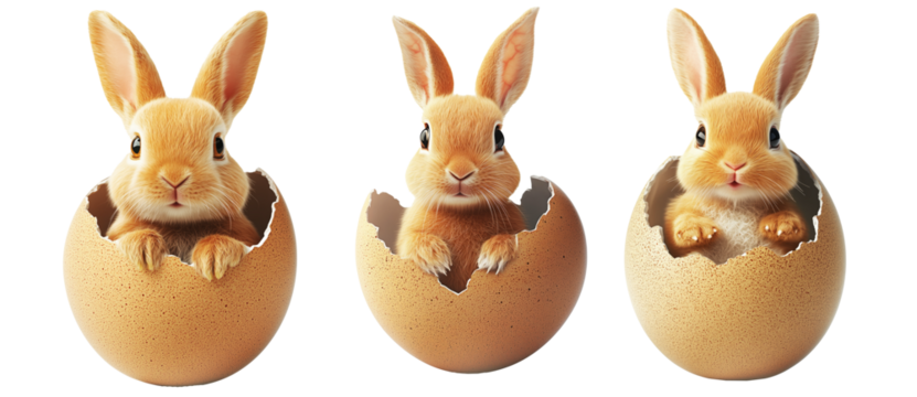 Adorable fluffy bunny peeking out from cracked egg isolated on white transparent background. Symbolizing Easter, spring, and new beginnings