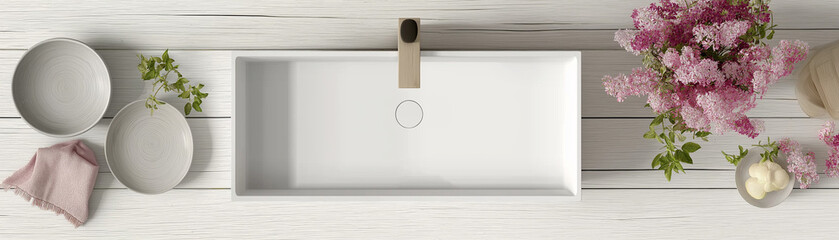 Fototapeta premium A rectangular white sink on top of a light grey wooden countertop, a plate with flowers next to the vessel faucet and an ashtray beside it, a bird's-eye view, product photography, 