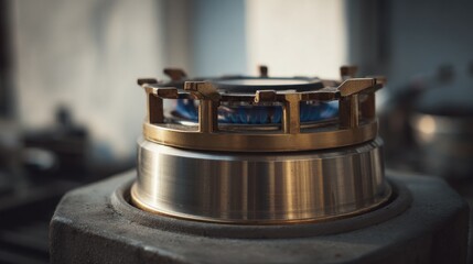 Close-up of a vintage-style gas stove burner with a blue flame, for cooking