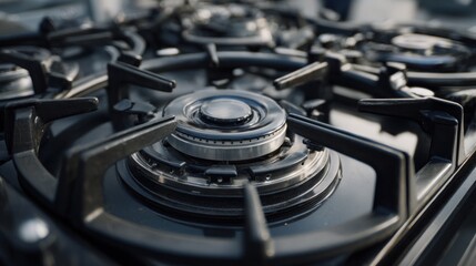 Close-up view of a modern black gas stove top with stainless steel details