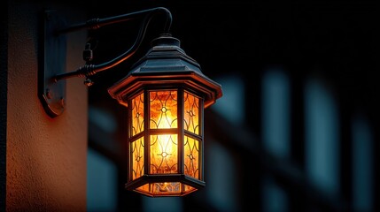 Illuminated ornate vintage lantern adding ambiance to the twilight surrounding