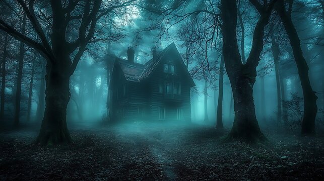 A dark forest with eerie fog rolling between gnarled trees and a hidden cabin 