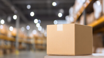 Sealed cardboard box on warehouse shelf with overhead lighting creates calm atmosphere