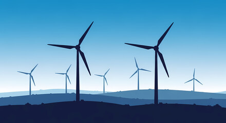 Wind turbines stand on a hill against a blue gradient sky, representing renewable energy and sustainability.