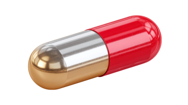 3D plastic medical pill icon, two-tone capsule with shiny surface. isolated on transparent background 