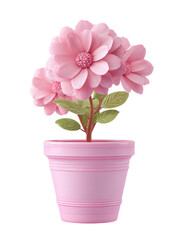Fototapeta premium 3D pink flower in a pot in cartoon plastic style, gardening or spring theme, isolated on transparent background 
