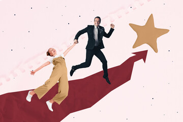 Art image creative photo collage of happy businessman businesswoman stand arrow development star review best mark achievement
