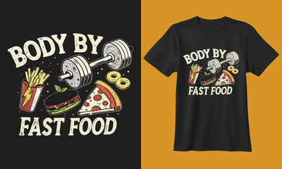 Skeleton enjoying unhealthy fast food with pizza fries and burgers body by fast food t shirt design