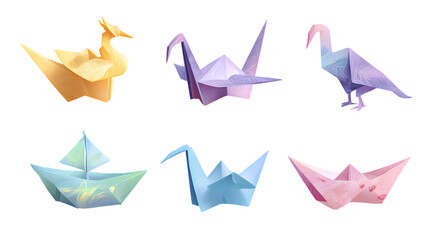 A collection of colorful origami figures including a phoenix cranes and a boat isolated on transparent background