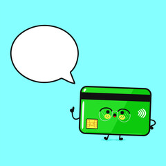 A charming cartoon credit card character with a blank speech bubble.