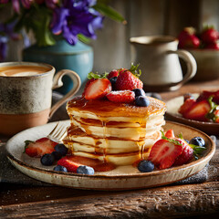 A Cozy Morning Delight: Pancakes, Fresh Fruits, and Aromatic Coffee for the Perfect Breakfast Indulgence