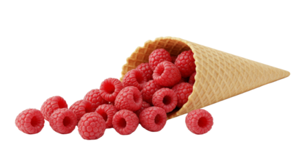 Waffle cone filled with ripe raspberries png isolated on transparent background